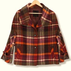 Talbots Plaid Wool Jacket Coat 14 Pink Orange Olive Wool Blend Warm Cozy
